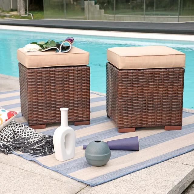 Alt view image 2 of 7 - 2 Pieces Assembled Outdoor Patio Ottoman, Dark Brown Wicker,Beige | Indoor Outdoor All-Weather Rattan Footstool Footrest Seat, No Assembly Required, Patio Ottoman for Garden, Backyard, Porch