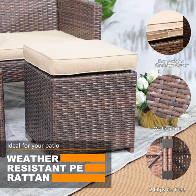 Alt view image 4 of 7 - 2 Pieces Assembled Outdoor Patio Ottoman, Dark Brown Wicker,Beige | Indoor Outdoor All-Weather Rattan Footstool Footrest Seat, No Assembly Required, Patio Ottoman for Garden, Backyard, Porch