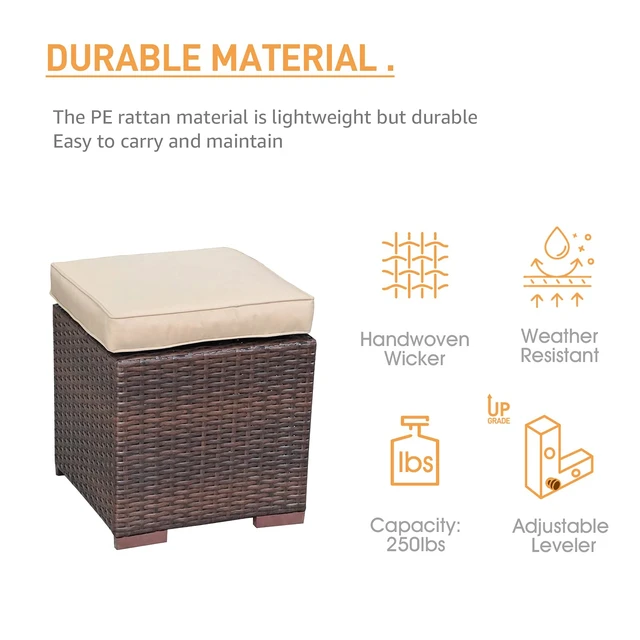Alt view image 6 of 7 - 2 Pieces Assembled Outdoor Patio Ottoman, Dark Brown Wicker,Beige | Indoor Outdoor All-Weather Rattan Footstool Footrest Seat, No Assembly Required, Patio Ottoman for Garden, Backyard, Porch