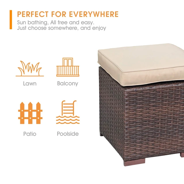 Alt view image 7 of 7 - 2 Pieces Assembled Outdoor Patio Ottoman, Dark Brown Wicker,Beige | Indoor Outdoor All-Weather Rattan Footstool Footrest Seat, No Assembly Required, Patio Ottoman for Garden, Backyard, Porch