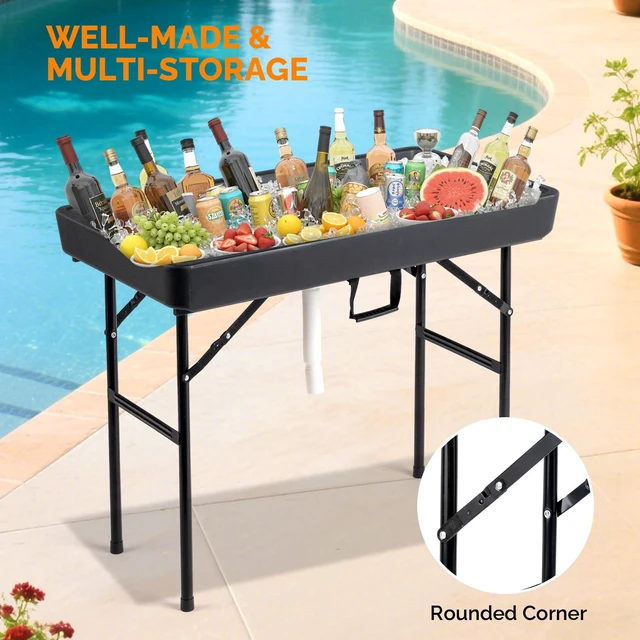 Alt view image 6 of 7 - 4FT Ice Table, Portasble Cooler Side Table with Removable Skirt, Patio Table, Indoor & Outdoor Bar for Events, Parties and Camping Black