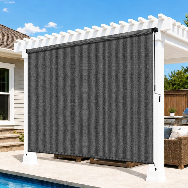 Main image of 7'W x 8'H Gray Patio Shades Roll up Outdoor Roller Shade Crank Wand Blind Cordless, 90% UV Blocking & Privacy Protection for Porch|Gazebo|Pergola|Backyard (2 Splicing Tube, 1 Fabric)