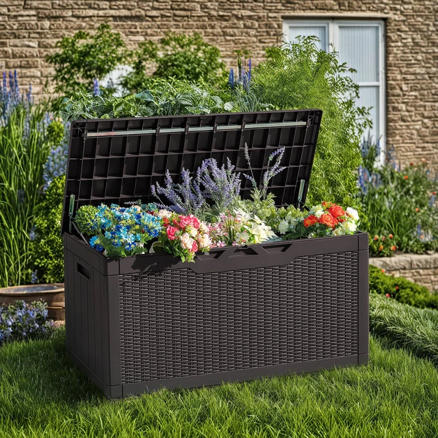 Alt view image 2 of 5 - 97 Gallon Deck Box, Waterproof Resin Outdoor Storage Box for Outside and Patio, Large Outdoor Storage Bench Cabinet Lockable for Patio Furniture, Garden Tools and Pool Supplies (Deep Brown)