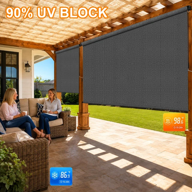 Alt view image 2 of 7 - 7'W x 8'H Gray Patio Shades Roll up Outdoor Roller Shade Crank Wand Blind Cordless, 90% UV Blocking & Privacy Protection for Porch|Gazebo|Pergola|Backyard (2 Splicing Tube, 1 Fabric)