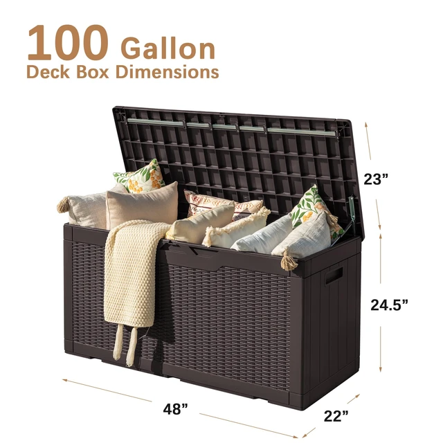 Alt view image 3 of 5 - 97 Gallon Deck Box, Waterproof Resin Outdoor Storage Box for Outside and Patio, Large Outdoor Storage Bench Cabinet Lockable for Patio Furniture, Garden Tools and Pool Supplies (Deep Brown)