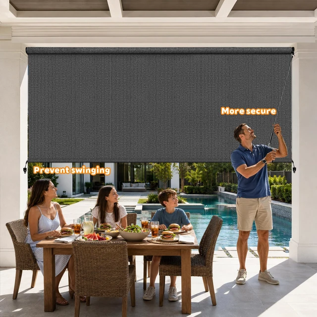 Alt view image 3 of 7 - 7'W x 8'H Gray Patio Shades Roll up Outdoor Roller Shade Crank Wand Blind Cordless, 90% UV Blocking & Privacy Protection for Porch|Gazebo|Pergola|Backyard (2 Splicing Tube, 1 Fabric)