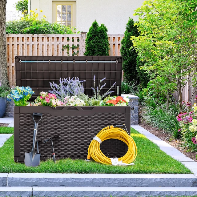 Alt view image 5 of 5 - 97 Gallon Deck Box, Waterproof Resin Outdoor Storage Box for Outside and Patio, Large Outdoor Storage Bench Cabinet Lockable for Patio Furniture, Garden Tools and Pool Supplies (Deep Brown)