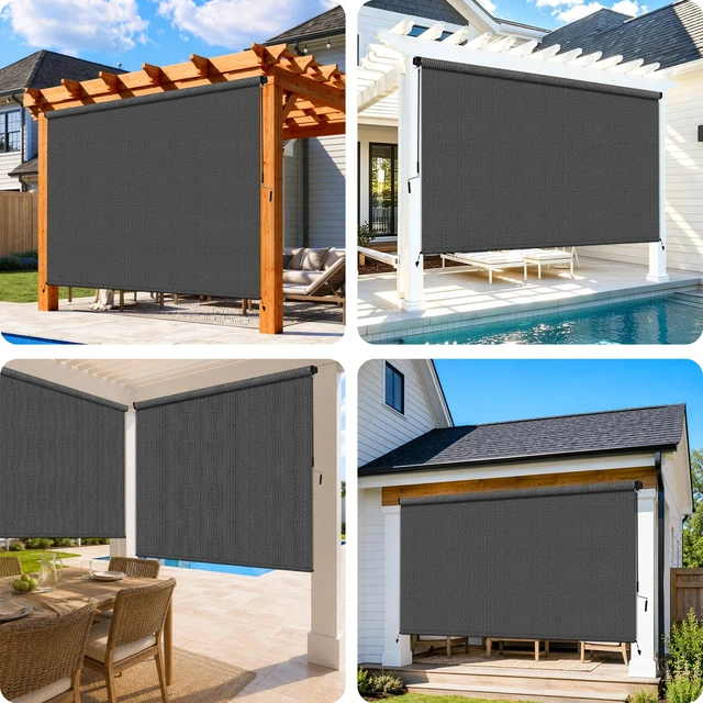 Alt view image 5 of 7 - 7'W x 8'H Gray Patio Shades Roll up Outdoor Roller Shade Crank Wand Blind Cordless, 90% UV Blocking & Privacy Protection for Porch|Gazebo|Pergola|Backyard (2 Splicing Tube, 1 Fabric)