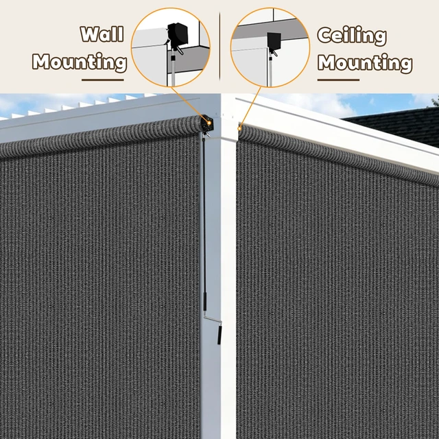 Alt view image 4 of 7 - 7'W x 8'H Gray Patio Shades Roll up Outdoor Roller Shade Crank Wand Blind Cordless, 90% UV Blocking & Privacy Protection for Porch|Gazebo|Pergola|Backyard (2 Splicing Tube, 1 Fabric)