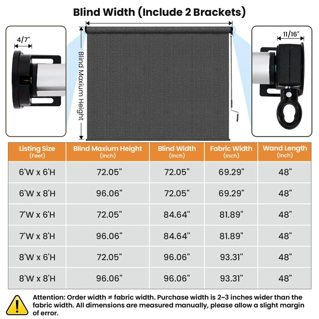 Alt view image 7 of 7 - 7'W x 8'H Gray Patio Shades Roll up Outdoor Roller Shade Crank Wand Blind Cordless, 90% UV Blocking & Privacy Protection for Porch|Gazebo|Pergola|Backyard (2 Splicing Tube, 1 Fabric)