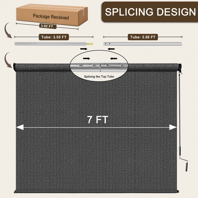 Alt view image 6 of 7 - 7'W x 8'H Gray Patio Shades Roll up Outdoor Roller Shade Crank Wand Blind Cordless, 90% UV Blocking & Privacy Protection for Porch|Gazebo|Pergola|Backyard (2 Splicing Tube, 1 Fabric)