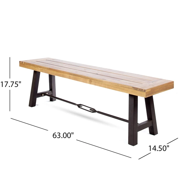 Alt view image 3 of 7 - Catriona Outdoor Acacia Wood Bench with Metal Accents, Teak Finish / Rustic Metal 14. 50 x 63 x 17. 75 inches
