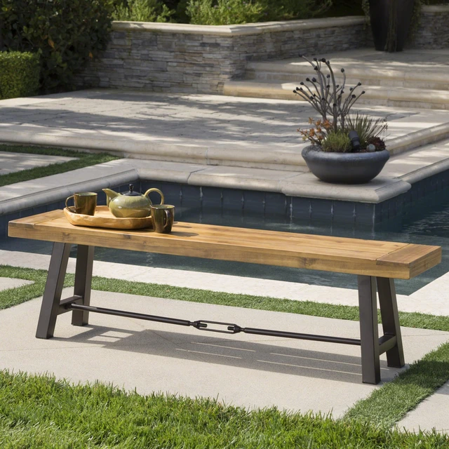 Alt view image 2 of 7 - Catriona Outdoor Acacia Wood Bench with Metal Accents, Teak Finish / Rustic Metal 14. 50 x 63 x 17. 75 inches
