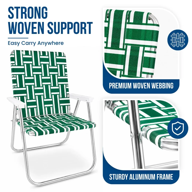 Alt view image 4 of 7 - Folding Aluminum Outdoor Patio Lawn Chair | Heavy-Duty Webbed Chairs for Camping, Sports, Beach, Yard & Tailgating | Lightweight Portable | Magnum - Tan Stripe