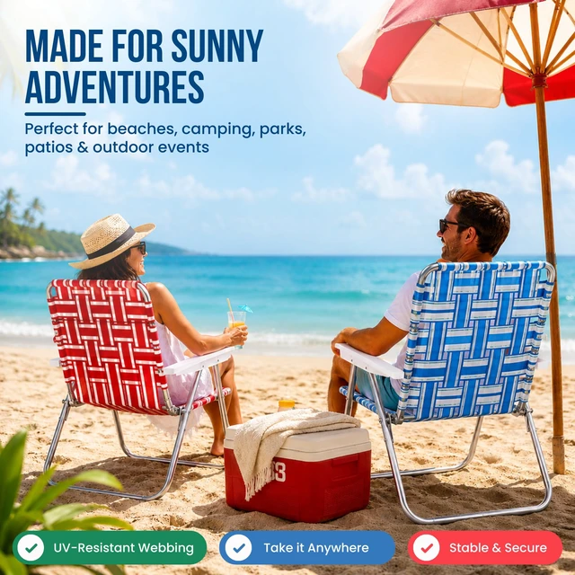 Alt view image 5 of 7 - Folding Aluminum Outdoor Patio Lawn Chair | Heavy-Duty Webbed Chairs for Camping, Sports, Beach, Yard & Tailgating | Lightweight Portable | Magnum - Tan Stripe
