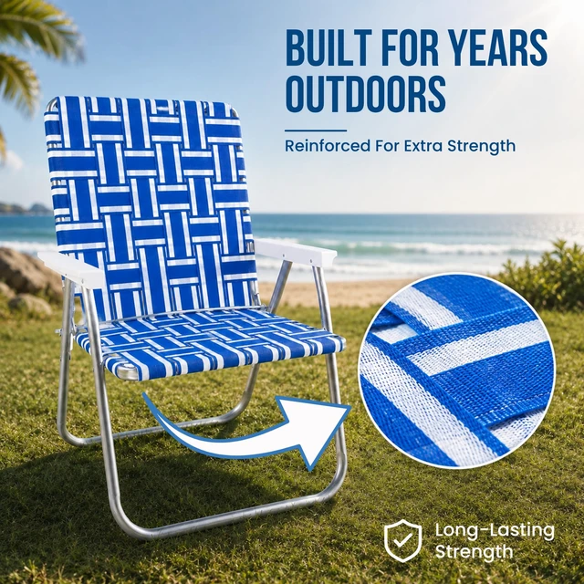 Alt view image 6 of 7 - Folding Aluminum Outdoor Patio Lawn Chair | Heavy-Duty Webbed Chairs for Camping, Sports, Beach, Yard & Tailgating | Lightweight Portable | Magnum - Tan Stripe