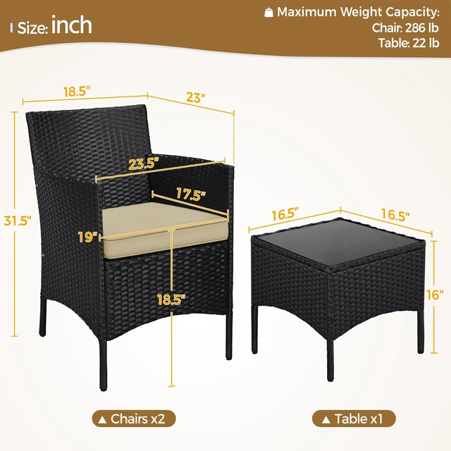 Alt view image 3 of 7 - 3 Pieces Patio Conversation Set, Outdoor Rattan Bistro Furniture, 2 Chairs with Cushions & 1 Side Table for Bistro/Porch/Garden/Deck/Courtyard, Black/Khaki