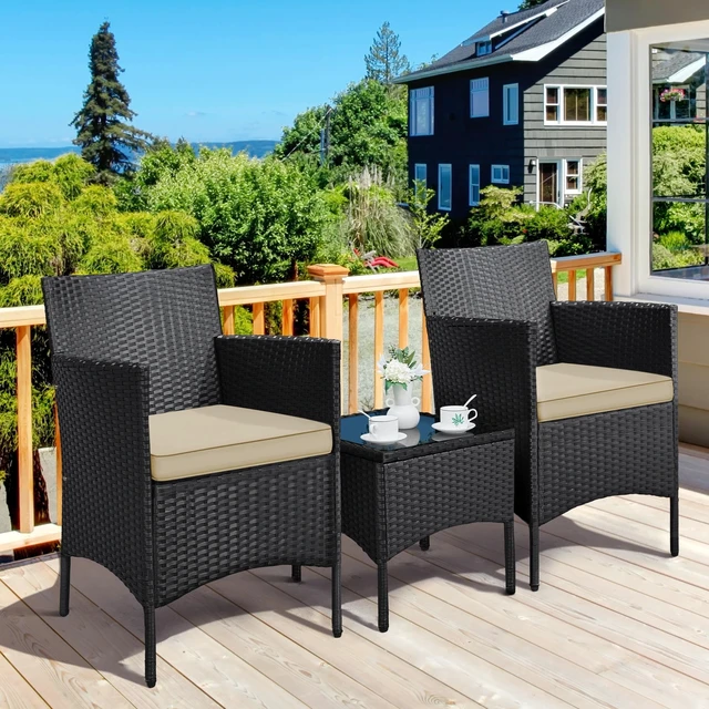 Alt view image 2 of 7 - 3 Pieces Patio Conversation Set, Outdoor Rattan Bistro Furniture, 2 Chairs with Cushions & 1 Side Table for Bistro/Porch/Garden/Deck/Courtyard, Black/Khaki