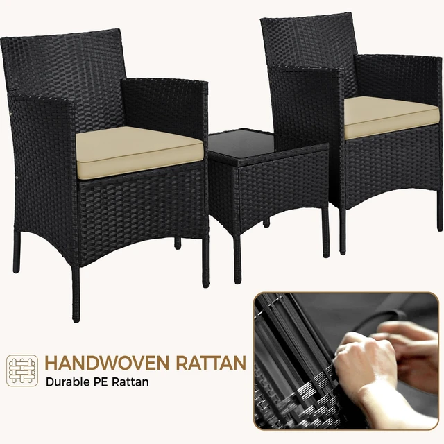 Alt view image 4 of 7 - 3 Pieces Patio Conversation Set, Outdoor Rattan Bistro Furniture, 2 Chairs with Cushions & 1 Side Table for Bistro/Porch/Garden/Deck/Courtyard, Black/Khaki