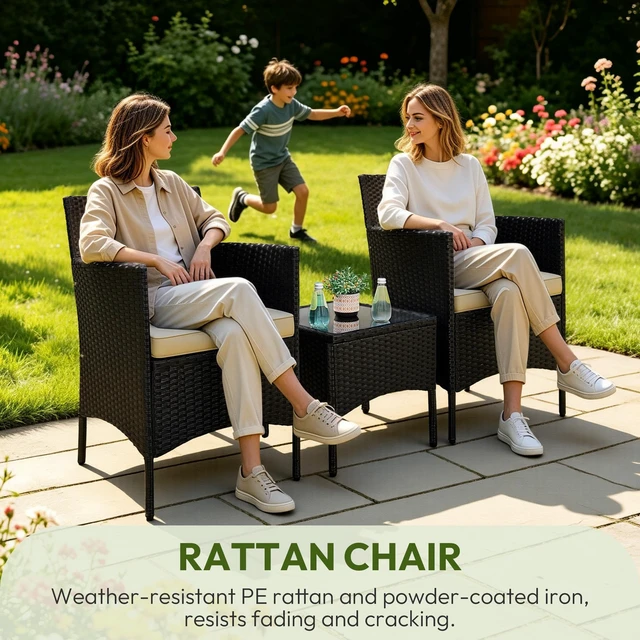 Alt view image 5 of 7 - 3 Pieces Patio Conversation Set, Outdoor Rattan Bistro Furniture, 2 Chairs with Cushions & 1 Side Table for Bistro/Porch/Garden/Deck/Courtyard, Black/Khaki