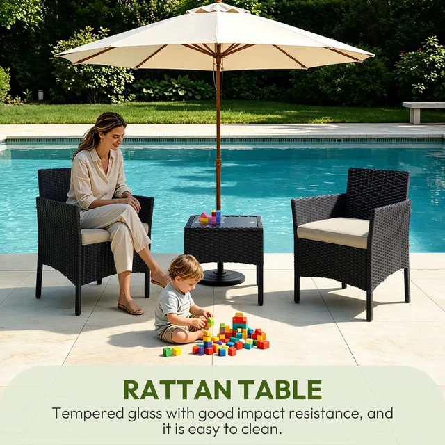 Alt view image 6 of 7 - 3 Pieces Patio Conversation Set, Outdoor Rattan Bistro Furniture, 2 Chairs with Cushions & 1 Side Table for Bistro/Porch/Garden/Deck/Courtyard, Black/Khaki