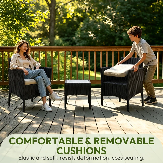Alt view image 7 of 7 - 3 Pieces Patio Conversation Set, Outdoor Rattan Bistro Furniture, 2 Chairs with Cushions & 1 Side Table for Bistro/Porch/Garden/Deck/Courtyard, Black/Khaki