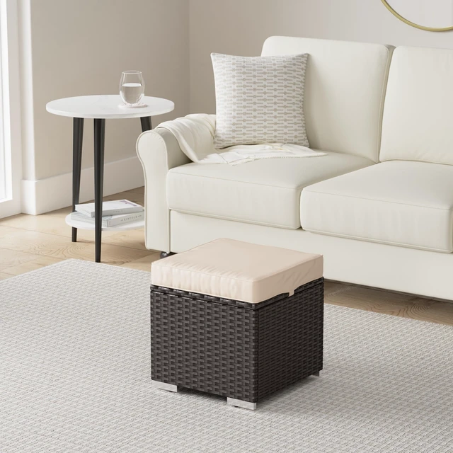Alt view image 2 of 7 - Set of 2 Wicker Ottomans, Multipurpose Outdoor Furniture for Patio, Backyard, Additional Seating, Footrest, Side Table w/Storage, Removable Cushions - Brown/Beige