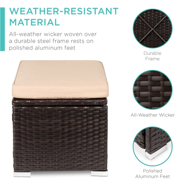 Alt view image 4 of 7 - Set of 2 Wicker Ottomans, Multipurpose Outdoor Furniture for Patio, Backyard, Additional Seating, Footrest, Side Table w/Storage, Removable Cushions - Brown/Beige