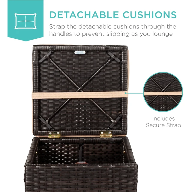 Alt view image 5 of 7 - Set of 2 Wicker Ottomans, Multipurpose Outdoor Furniture for Patio, Backyard, Additional Seating, Footrest, Side Table w/Storage, Removable Cushions - Brown/Beige