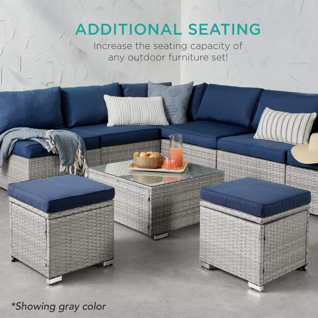 Alt view image 6 of 7 - Set of 2 Wicker Ottomans, Multipurpose Outdoor Furniture for Patio, Backyard, Additional Seating, Footrest, Side Table w/Storage, Removable Cushions - Brown/Beige