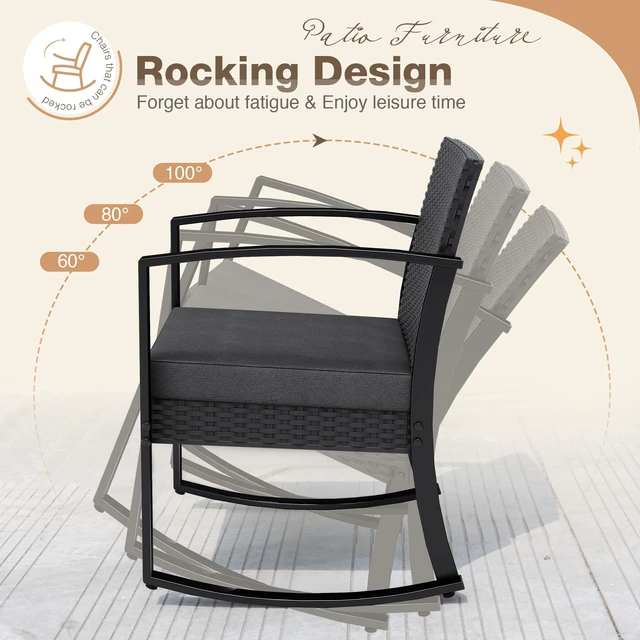 Alt view image 2 of 7 - 3 Pieces Outdoor Furniture Set Patio Bistro Rocking Chairs with Glass Coffee Table for Pool Beach Backyard Balcony Porch Deck Garden, Black