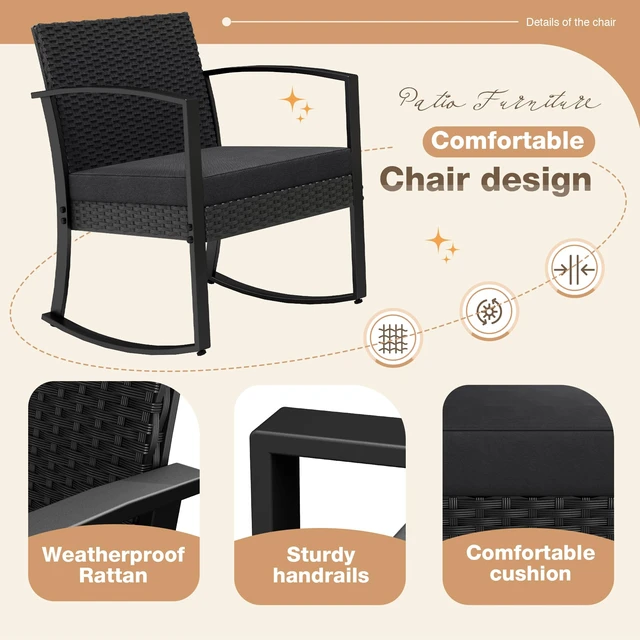 Alt view image 3 of 7 - 3 Pieces Outdoor Furniture Set Patio Bistro Rocking Chairs with Glass Coffee Table for Pool Beach Backyard Balcony Porch Deck Garden, Black