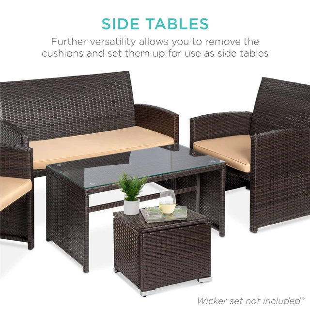Alt view image 7 of 7 - Set of 2 Wicker Ottomans, Multipurpose Outdoor Furniture for Patio, Backyard, Additional Seating, Footrest, Side Table w/Storage, Removable Cushions - Brown/Beige