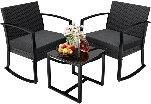 Main image of 3 Pieces Outdoor Furniture Set Patio Bistro Rocking Chairs with Glass Coffee Table for Pool Beach Backyard Balcony Porch Deck Garden, Black