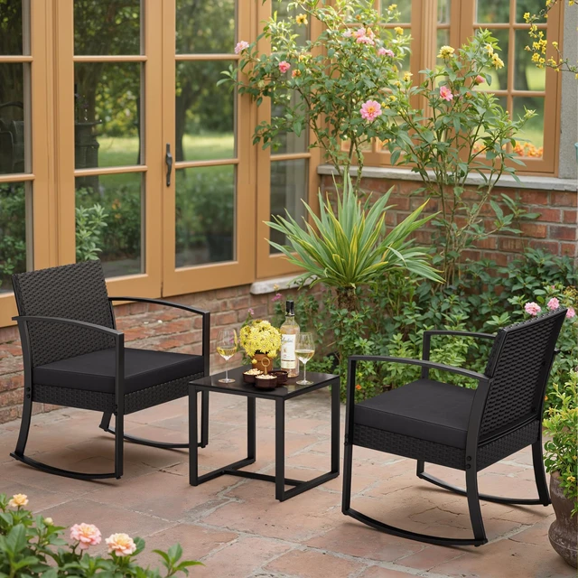 Alt view image 5 of 7 - 3 Pieces Outdoor Furniture Set Patio Bistro Rocking Chairs with Glass Coffee Table for Pool Beach Backyard Balcony Porch Deck Garden, Black