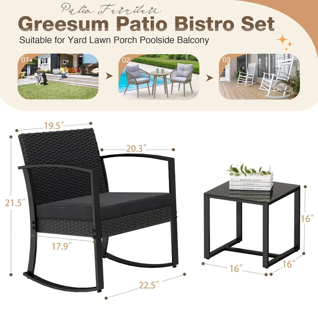 Alt view image 7 of 7 - 3 Pieces Outdoor Furniture Set Patio Bistro Rocking Chairs with Glass Coffee Table for Pool Beach Backyard Balcony Porch Deck Garden, Black
