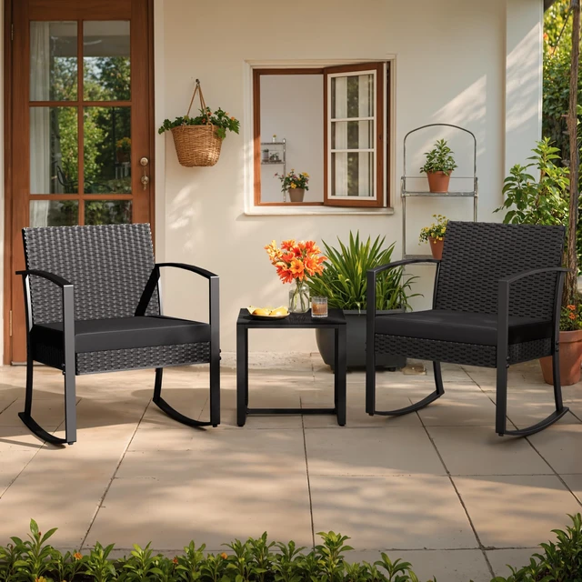 Alt view image 6 of 7 - 3 Pieces Outdoor Furniture Set Patio Bistro Rocking Chairs with Glass Coffee Table for Pool Beach Backyard Balcony Porch Deck Garden, Black