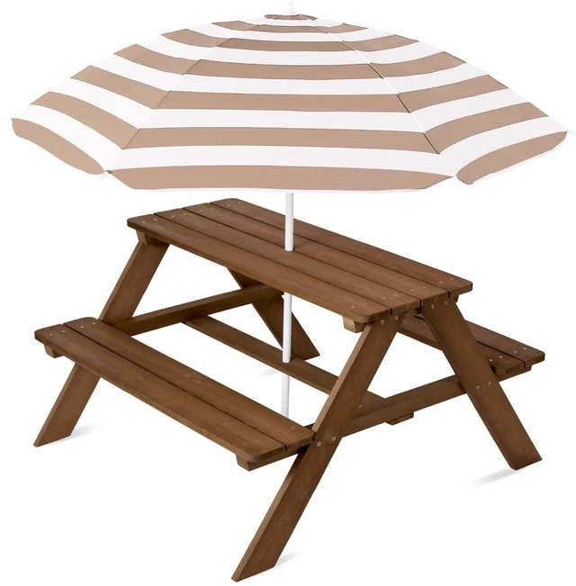 Main image of Wooden Kids Picnic Table with Umbrella, Outdoor Activity Table Set with Built-in Benches, 220 lb Capacity per Bench - Beige