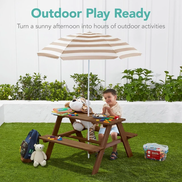 Alt view image 2 of 7 - Wooden Kids Picnic Table with Umbrella, Outdoor Activity Table Set with Built-in Benches, 220 lb Capacity per Bench - Beige
