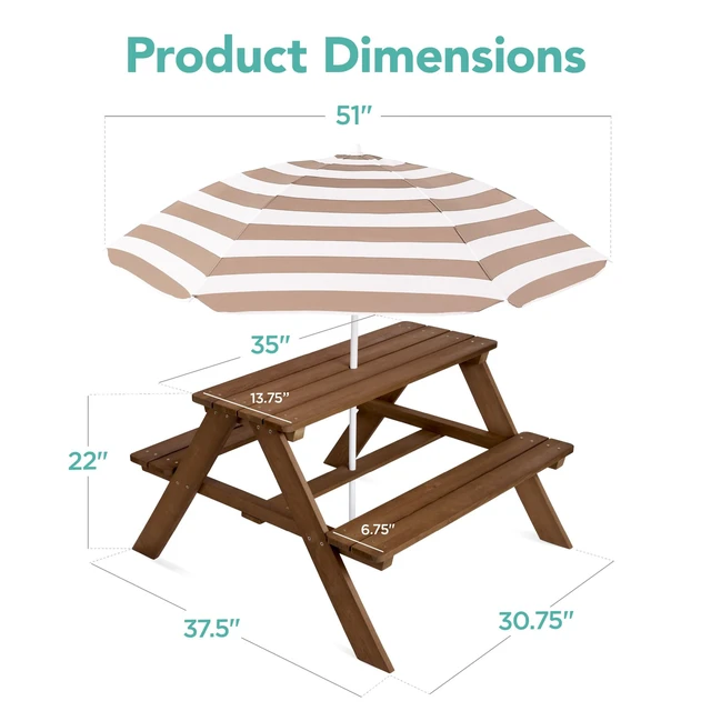 Alt view image 6 of 7 - Wooden Kids Picnic Table with Umbrella, Outdoor Activity Table Set with Built-in Benches, 220 lb Capacity per Bench - Beige