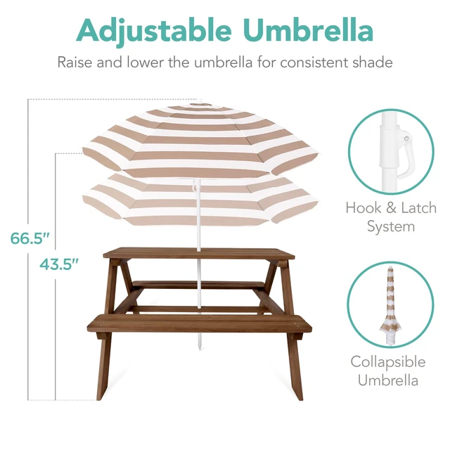 Alt view image 5 of 7 - Wooden Kids Picnic Table with Umbrella, Outdoor Activity Table Set with Built-in Benches, 220 lb Capacity per Bench - Beige