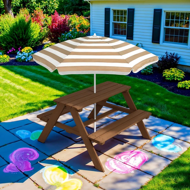 Alt view image 7 of 7 - Wooden Kids Picnic Table with Umbrella, Outdoor Activity Table Set with Built-in Benches, 220 lb Capacity per Bench - Beige