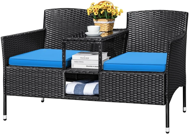 Main image of Outdoor Patio Loveseat Rattan 2-Seat Patio Conversation Set, Blue | Porch Furniture Wicker Bench with Cushions & Built-in Coffee Table for Garden Lawn Backyard