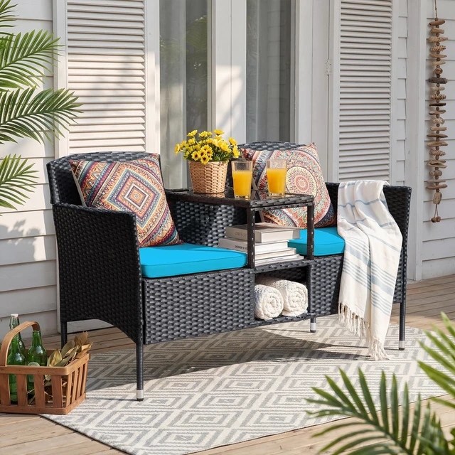 Alt view image 2 of 7 - Outdoor Patio Loveseat Rattan 2-Seat Patio Conversation Set, Blue | Porch Furniture Wicker Bench with Cushions & Built-in Coffee Table for Garden Lawn Backyard