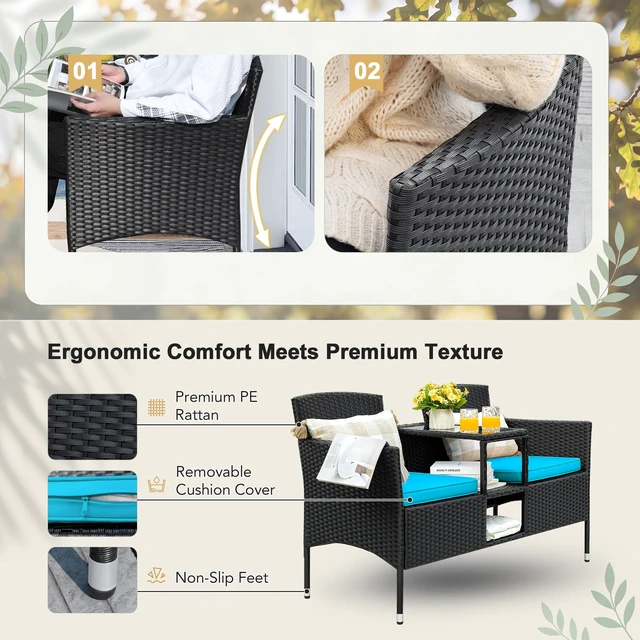 Alt view image 3 of 7 - Outdoor Patio Loveseat Rattan 2-Seat Patio Conversation Set, Blue | Porch Furniture Wicker Bench with Cushions & Built-in Coffee Table for Garden Lawn Backyard