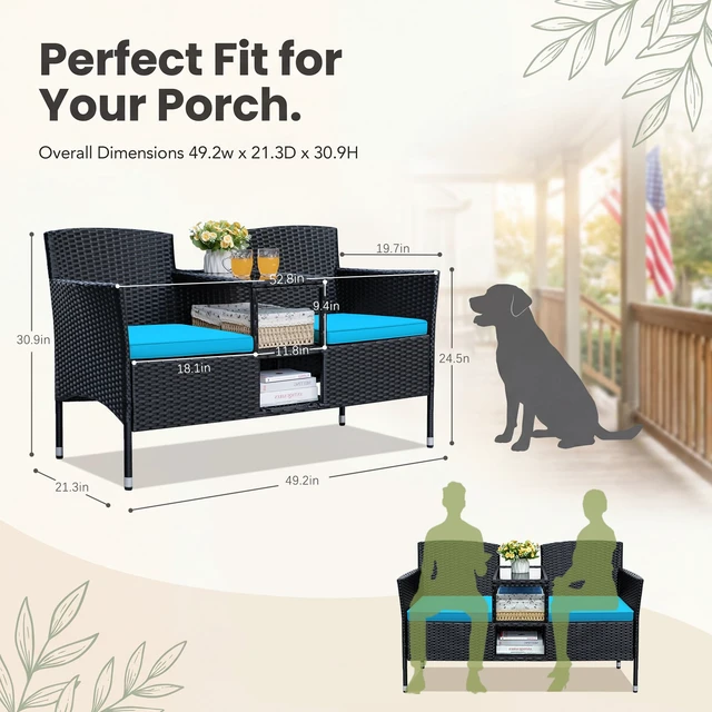 Alt view image 5 of 7 - Outdoor Patio Loveseat Rattan 2-Seat Patio Conversation Set, Blue | Porch Furniture Wicker Bench with Cushions & Built-in Coffee Table for Garden Lawn Backyard