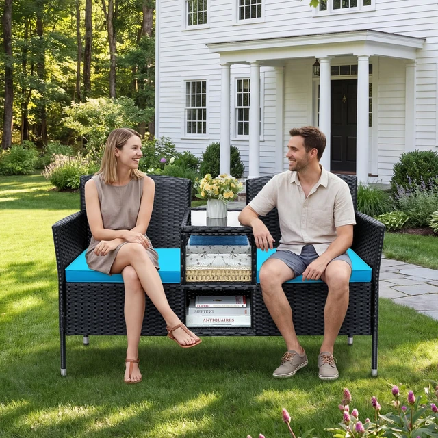 Alt view image 7 of 7 - Outdoor Patio Loveseat Rattan 2-Seat Patio Conversation Set, Blue | Porch Furniture Wicker Bench with Cushions & Built-in Coffee Table for Garden Lawn Backyard