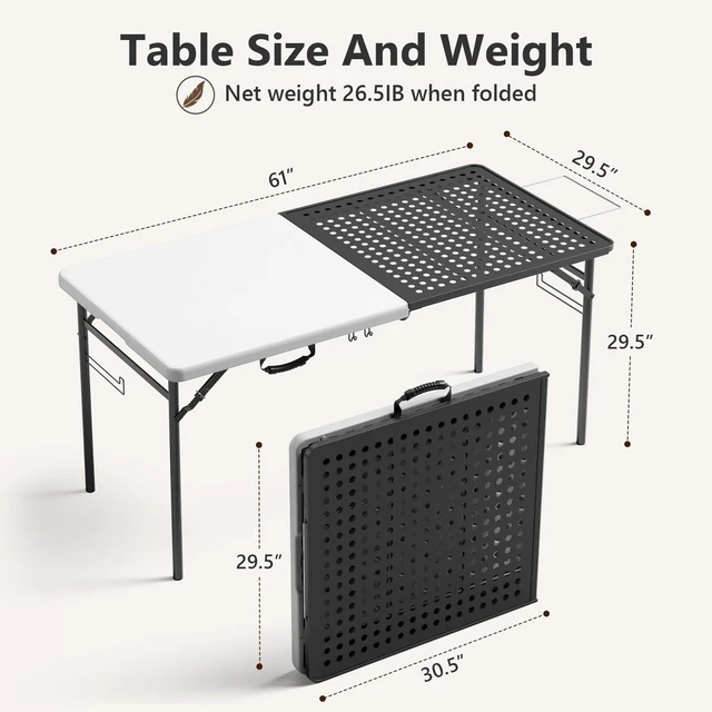 Alt view image 2 of 7 - 5ft Folding Table for Picnic Camping, Portable Outdoor Table with Metal Grid Grilling Surface, Heavy Duty Foldable Table for Cook Prep,Suitable for Camping, Backyard, Patio and Beach