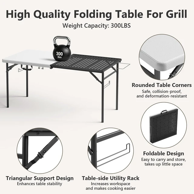 Alt view image 3 of 7 - 5ft Folding Table for Picnic Camping, Portable Outdoor Table with Metal Grid Grilling Surface, Heavy Duty Foldable Table for Cook Prep,Suitable for Camping, Backyard, Patio and Beach