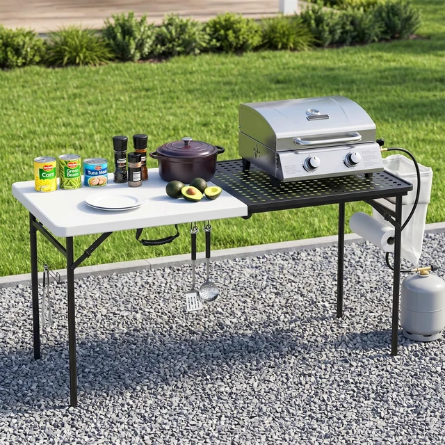 Alt view image 6 of 7 - 5ft Folding Table for Picnic Camping, Portable Outdoor Table with Metal Grid Grilling Surface, Heavy Duty Foldable Table for Cook Prep,Suitable for Camping, Backyard, Patio and Beach